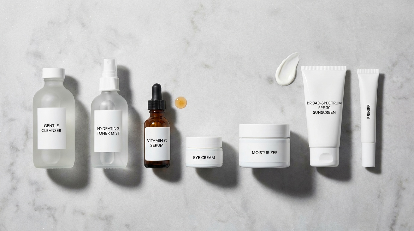 Flatlay of morning skincare products including cleanser, serum, moisturizer, sunscreen, and primer