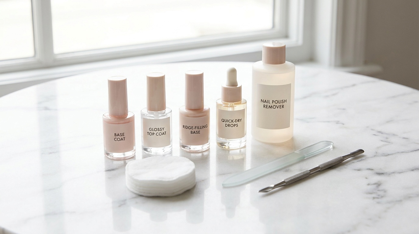 Flatlay of base coat, top coat, remover, and nail prep products for longer-lasting nail polish