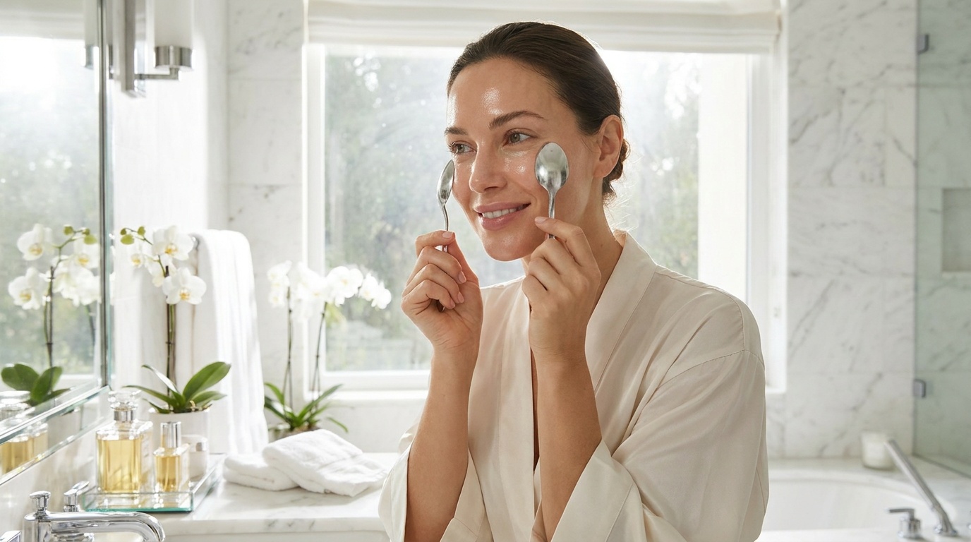 Beautiful woman using chilled spoons under her eyes to reduce puffiness in a bright bathroom