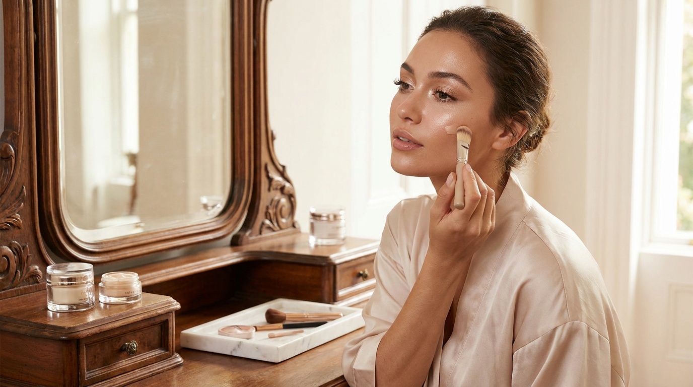 Beautiful woman applying concealer and blush for a more awake makeup look