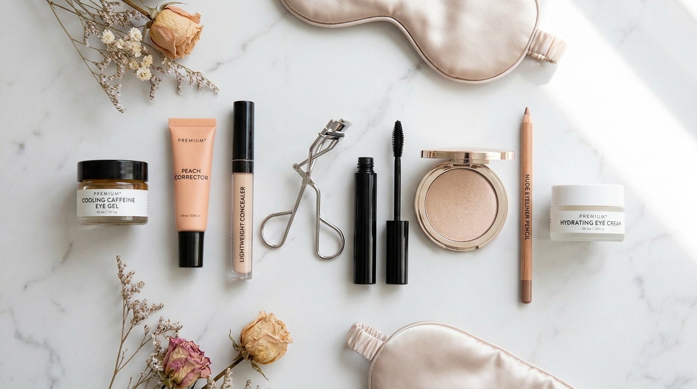 Flatlay of eye-brightening beauty products including eye gel, corrector, concealer, mascara, and highlighter