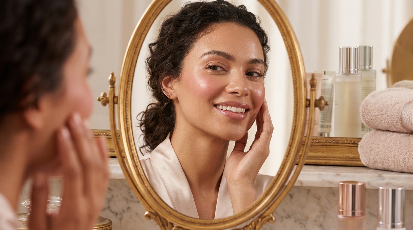 Close-up of a glowing woman looking in the mirror with fresh dewy skin