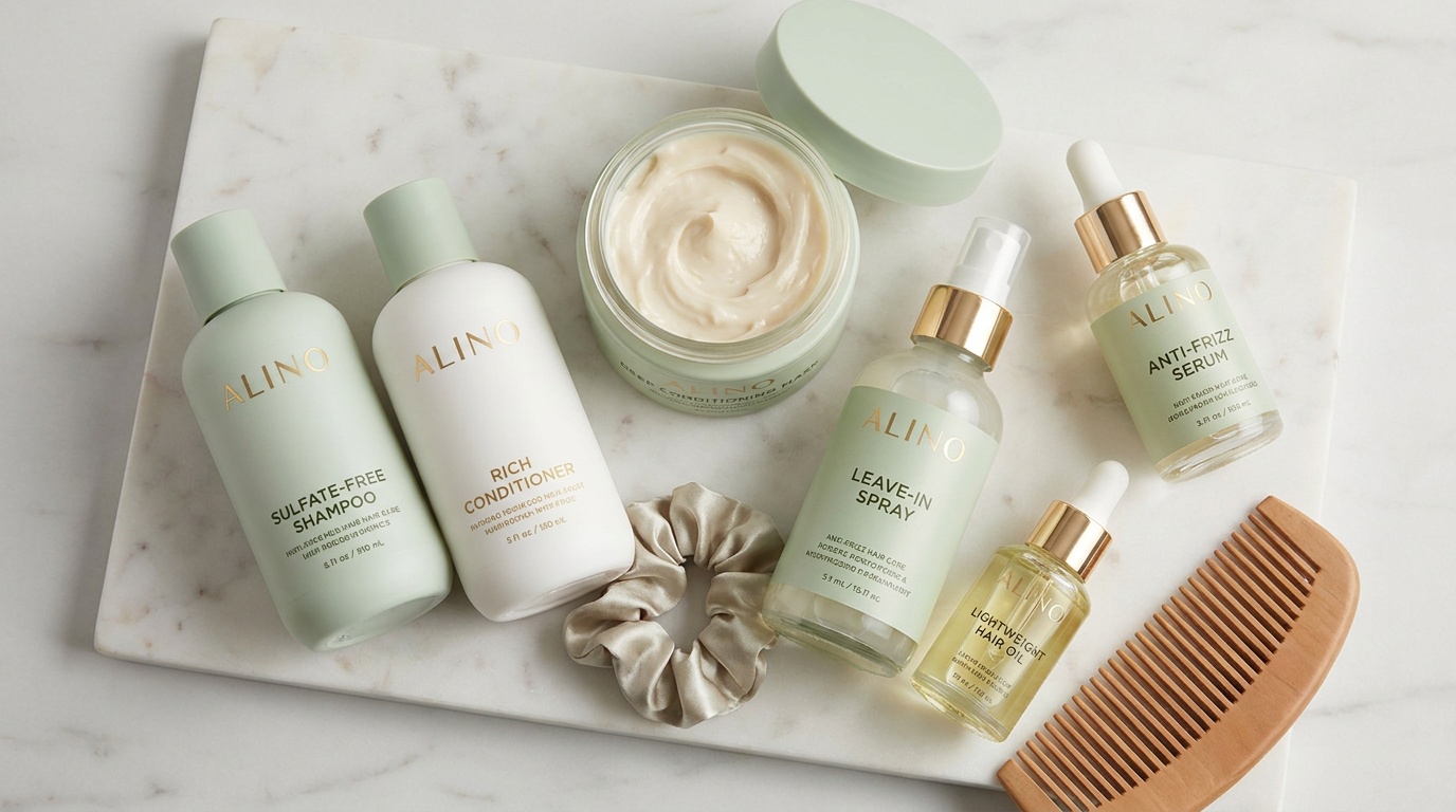 Flatlay of anti-frizz hair products including shampoo, conditioner, mask, leave-in, serum, and oil