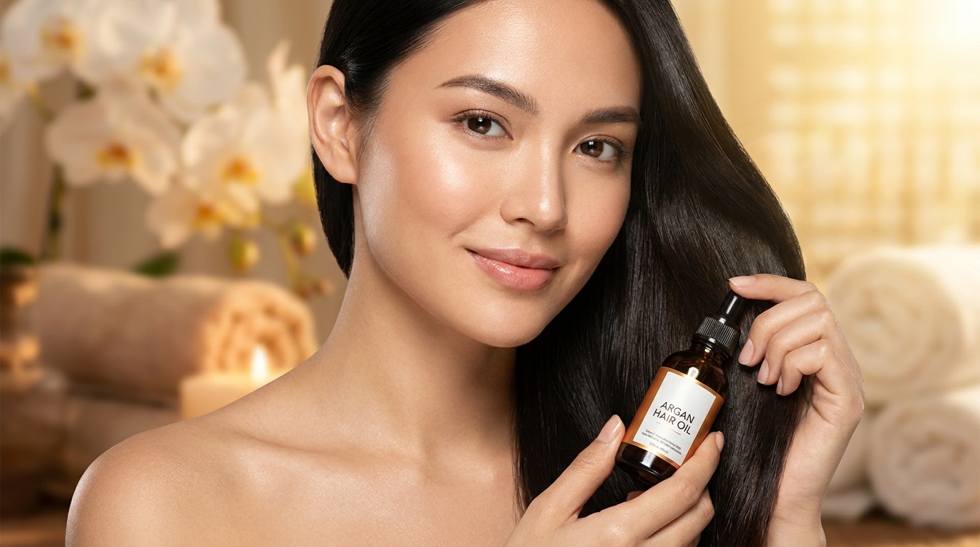 Close-up of a woman with glowing skin using hair oil on shiny hair ends