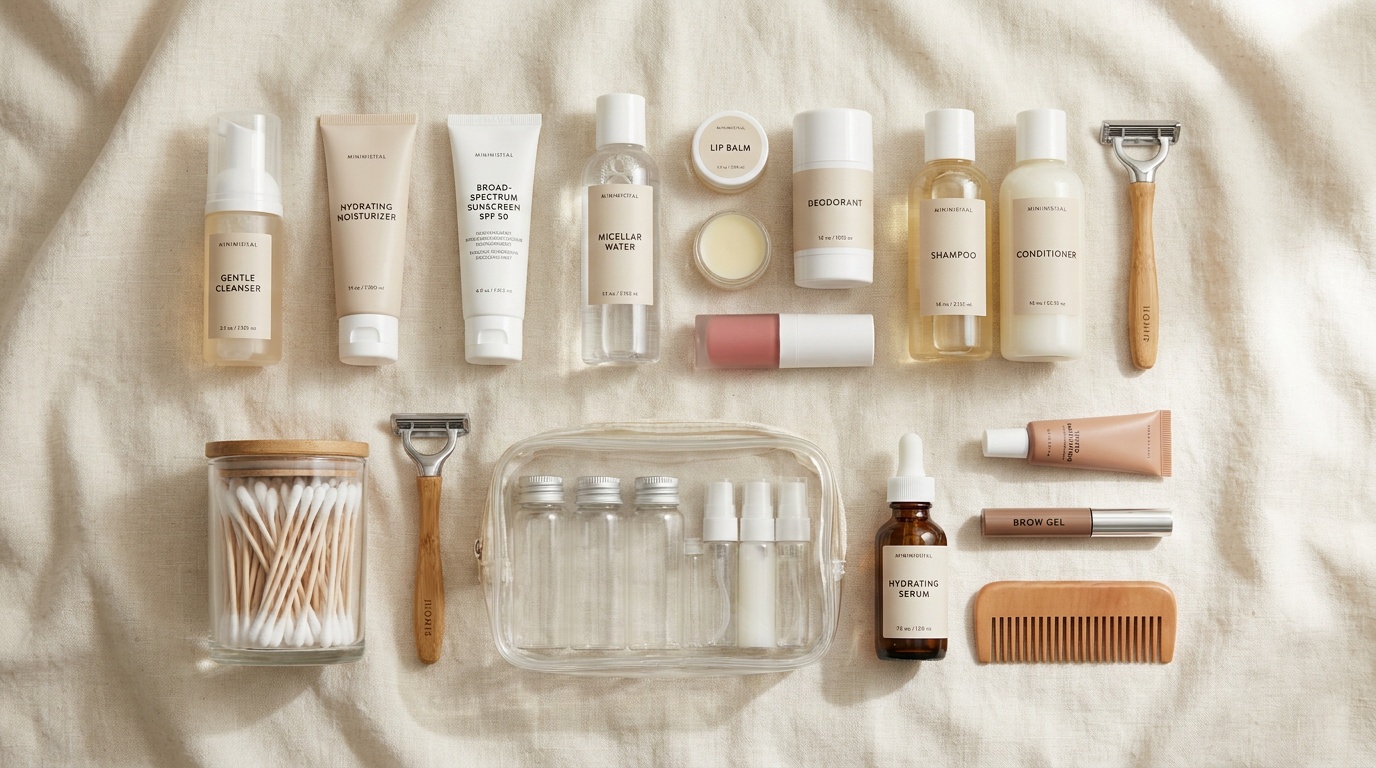 Flatlay of organized travel-size skincare, makeup, haircare, and toiletry essentials in a clear pouch.
