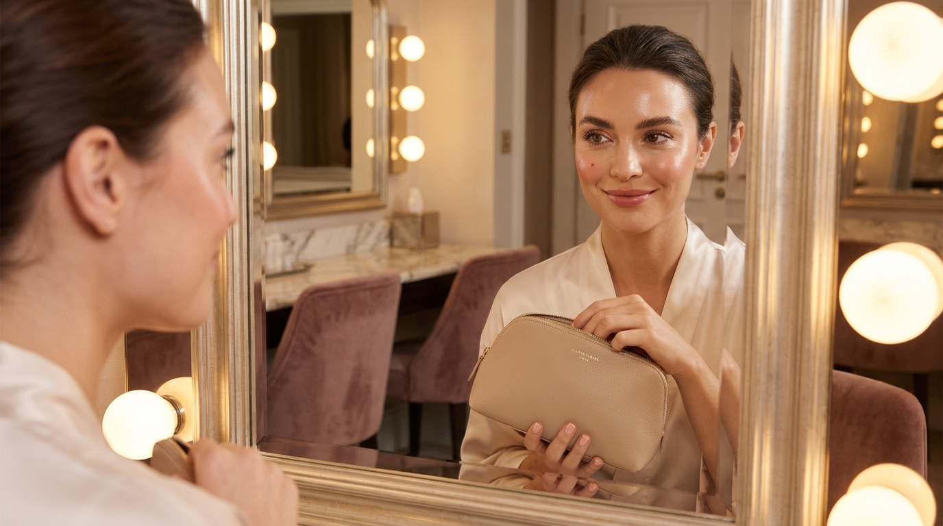 Beautiful woman checking her minimal travel makeup look in a mirror.