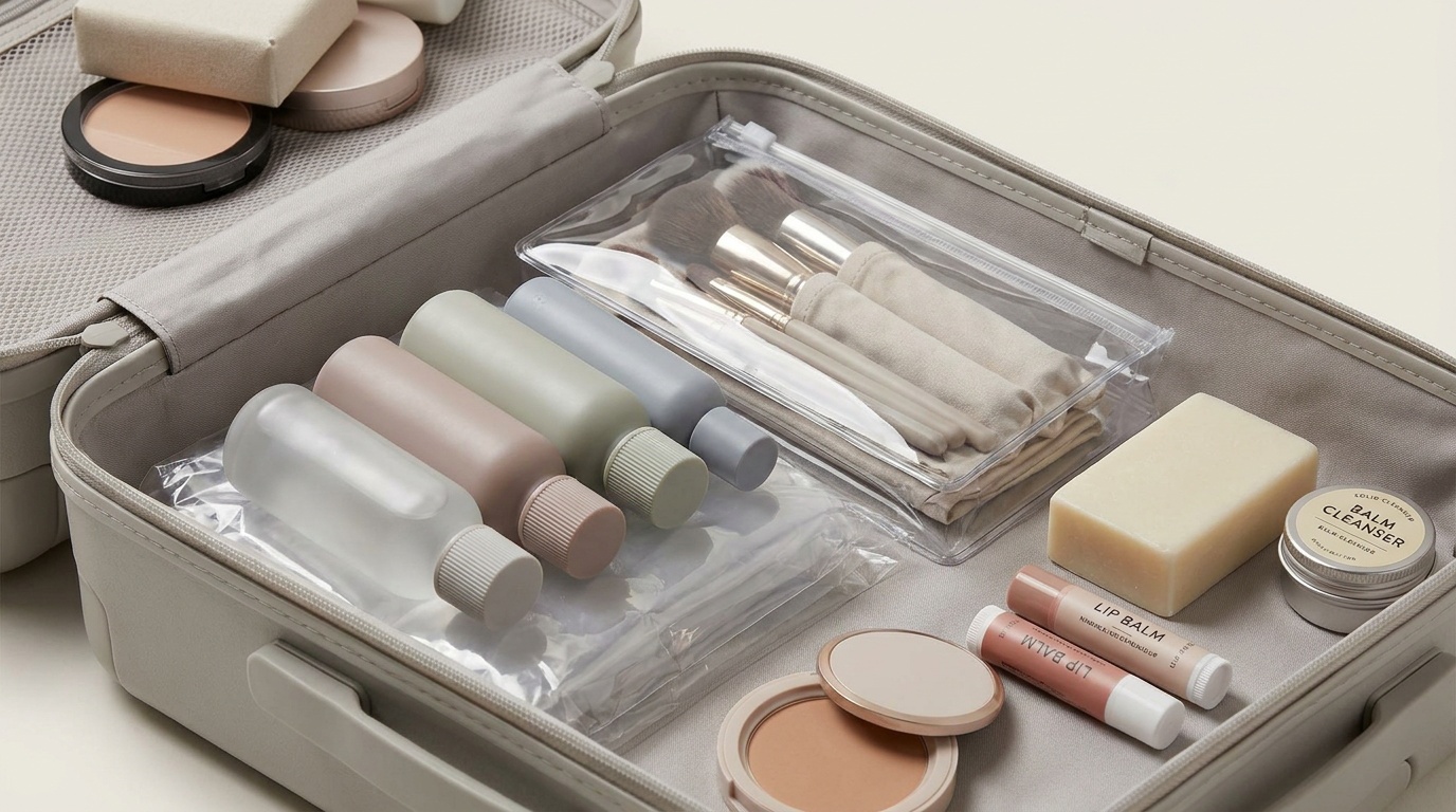 Travel-size beauty products packed neatly in leak-proof containers inside a suitcase.