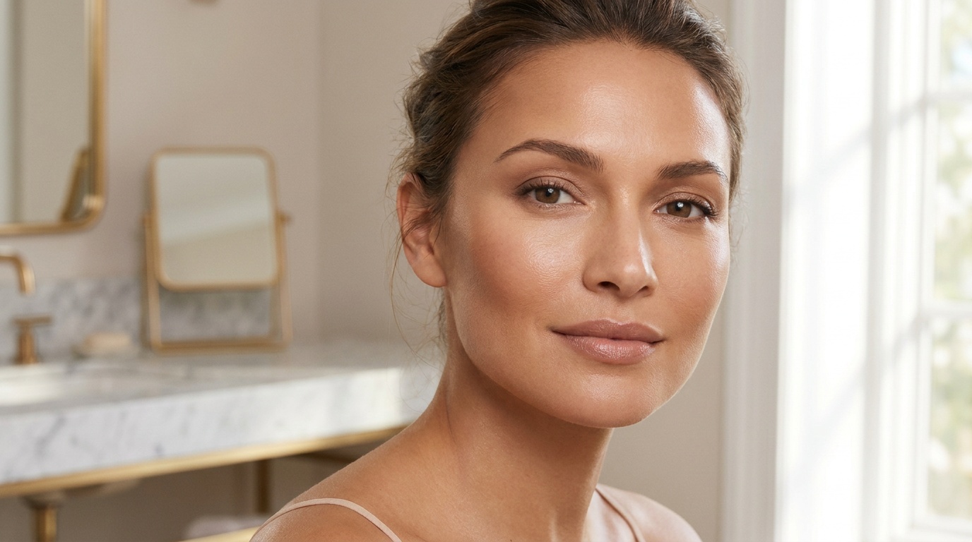 Close-up of a beautiful woman with glowing skin showing soft natural contour on her cheekbones