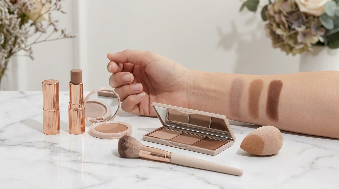 Flatlay of contour products for beginners with cream and powder options plus shade swatches