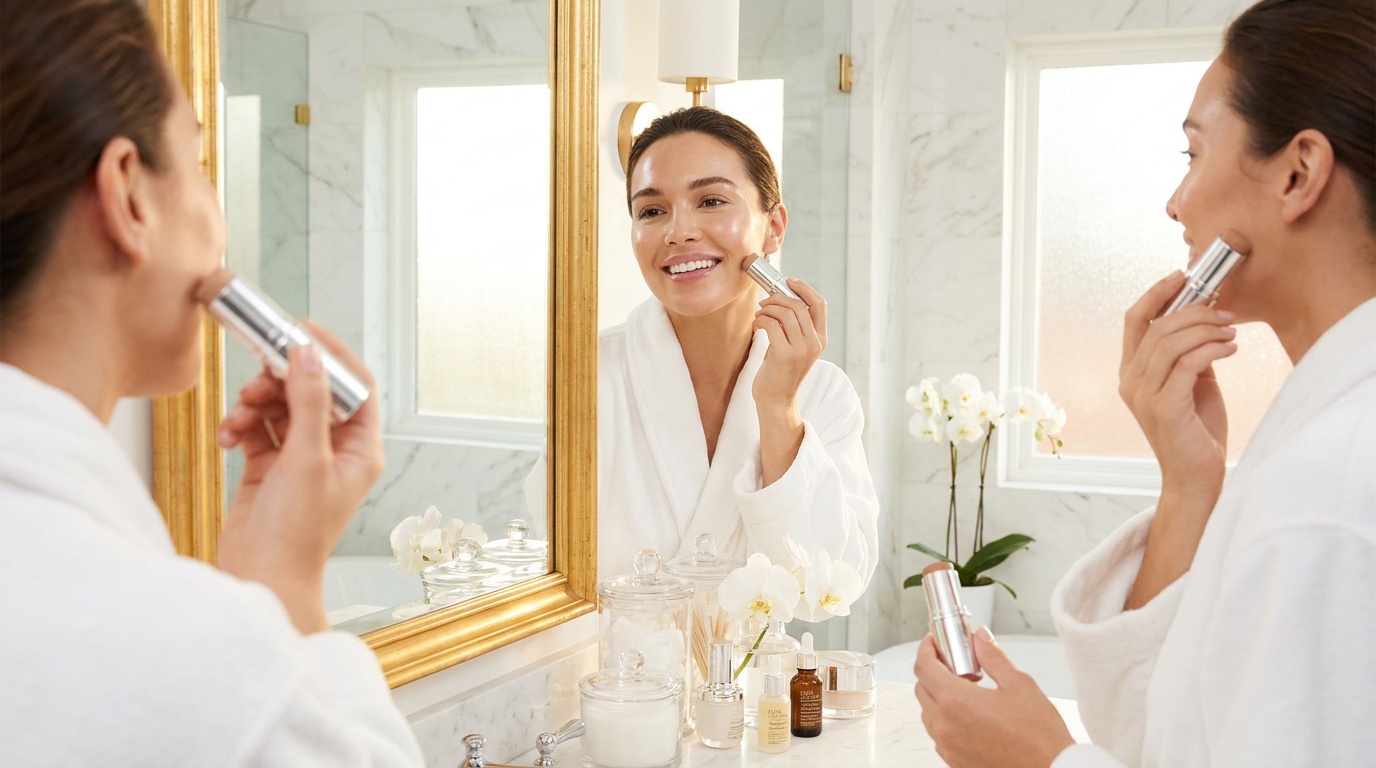 Beautiful woman applying contour under her cheekbone in front of a mirror