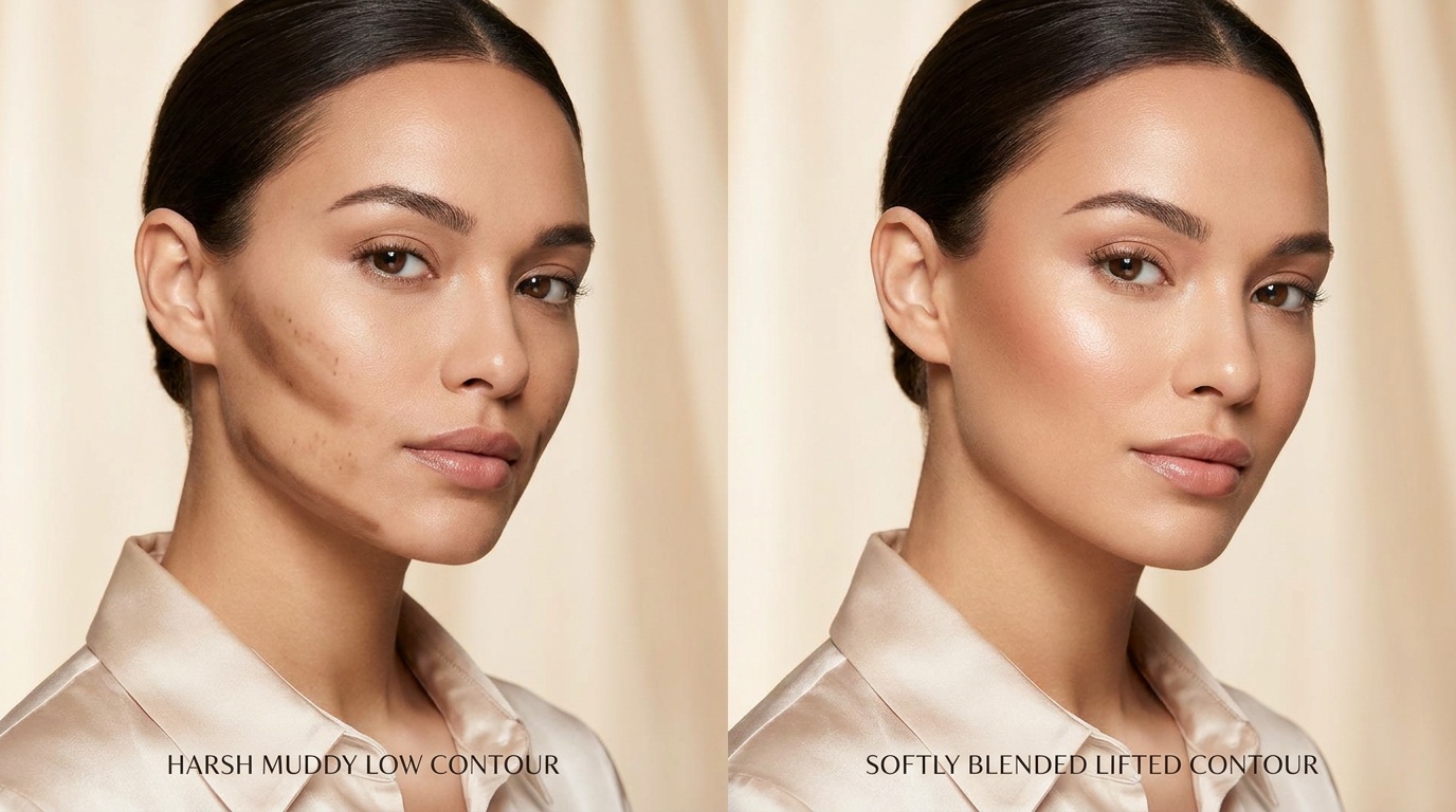 Before-and-after comparison showing incorrect versus correctly blended contour placement on a woman's face