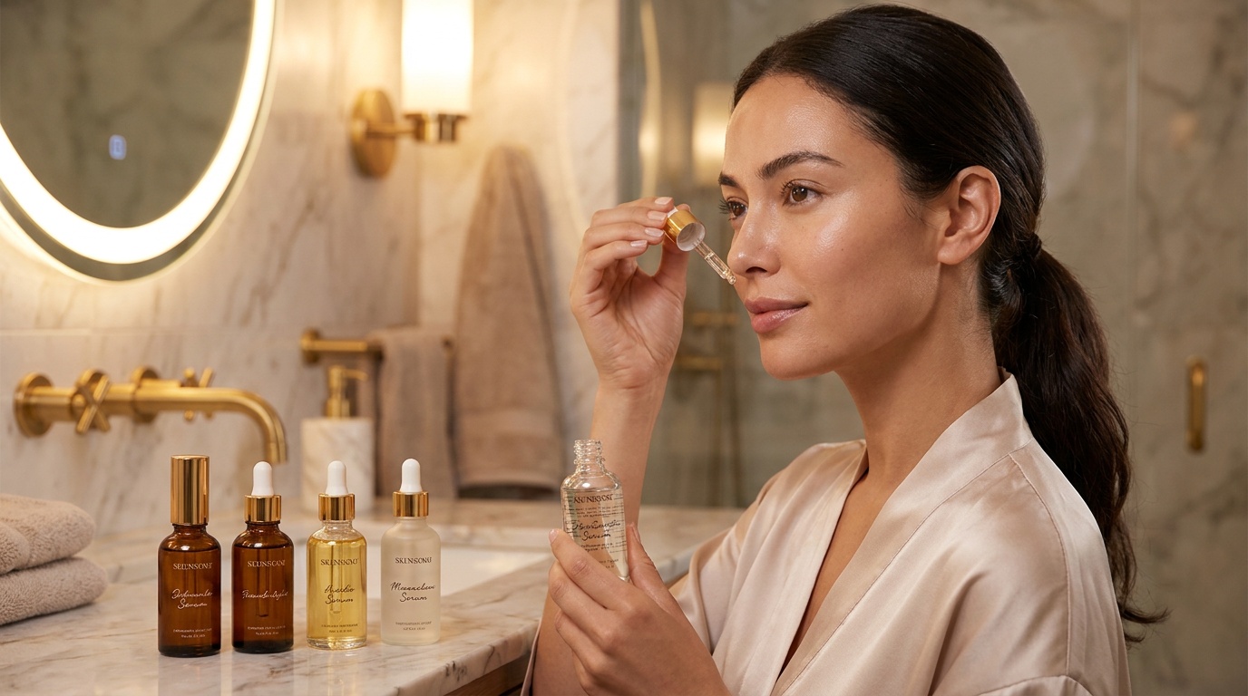 Beautiful woman with glowing skin following nighttime skincare steps at a bathroom vanity