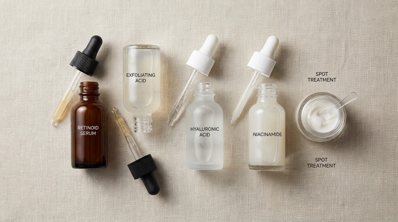 Flatlay of nighttime treatment serums including retinoid, acid, hydrating, and niacinamide products