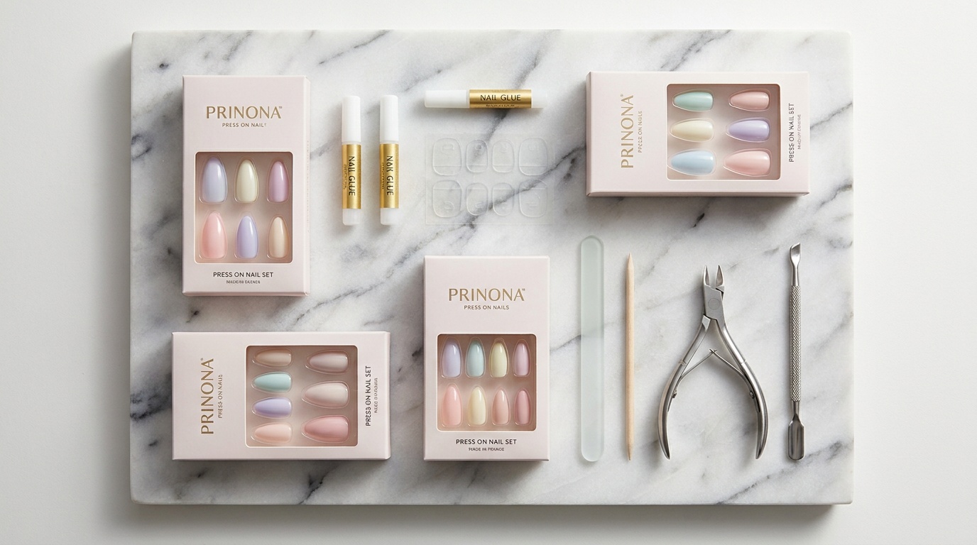 Flatlay of press-on nail products and salon manicure tools on a marble surface