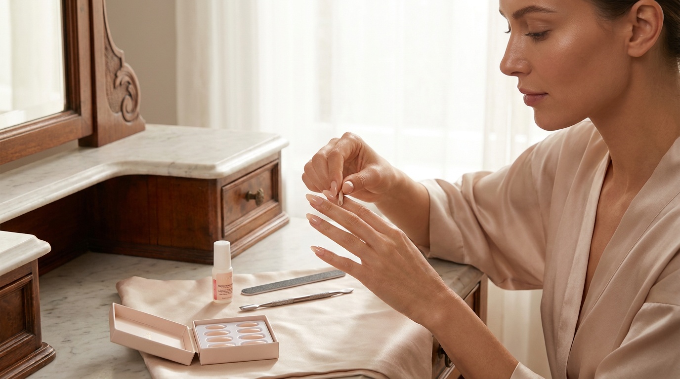 Beautiful woman applying press-on nails at a vanity with nail prep tools