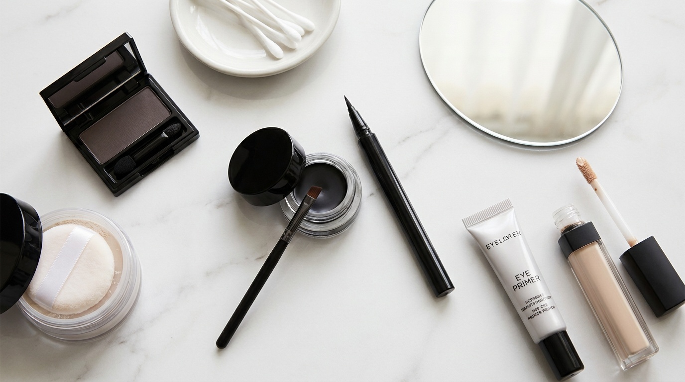 Flatlay of eyeliner tools including pen liner, gel pot, angled brush, powder shadow, primer, concealer, and cotton swabs.