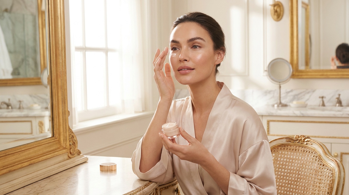 Beautiful woman applying eye primer to her eyelid in soft light at a vanity.