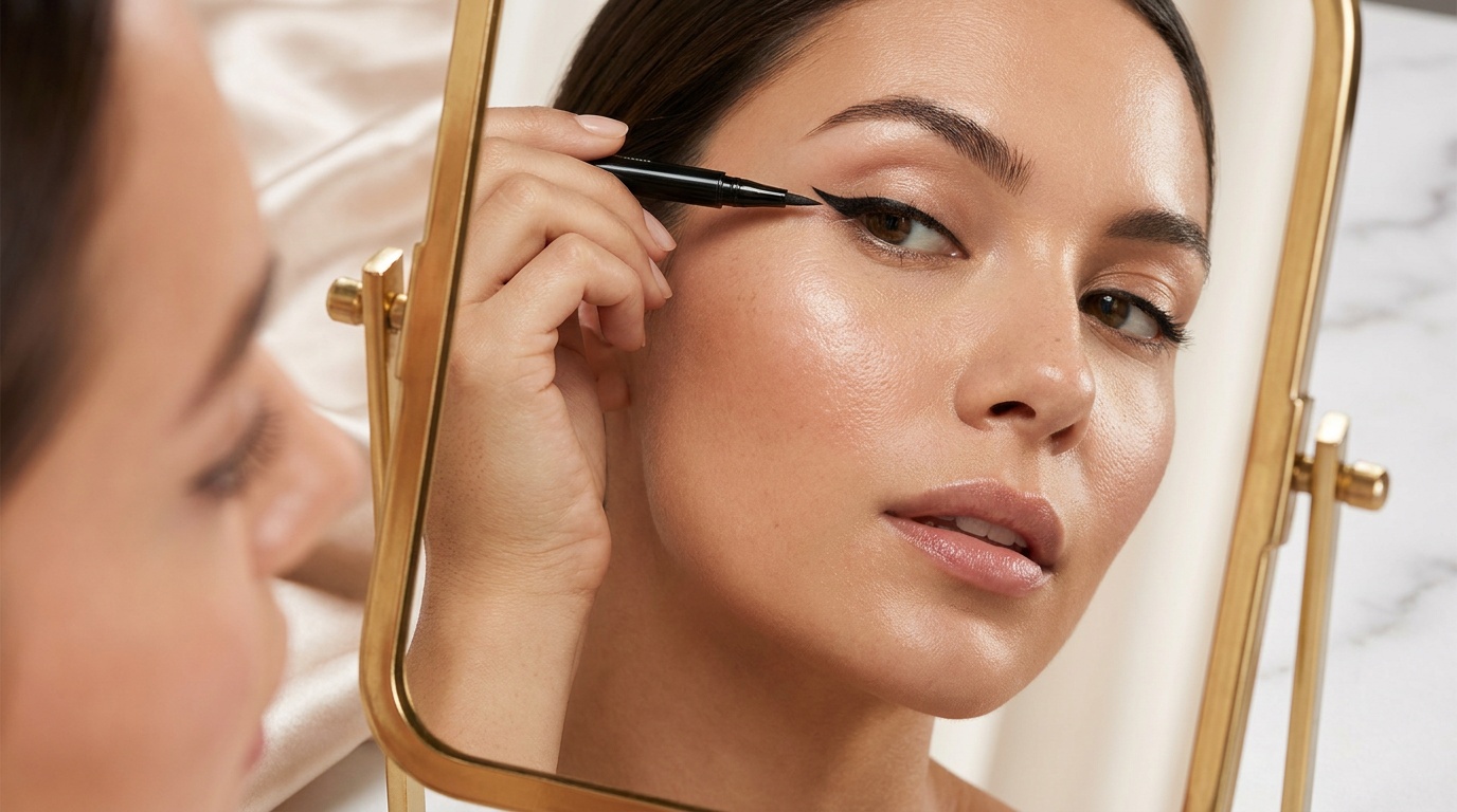Close-up of a woman applying winged eyeliner with a felt-tip pen.