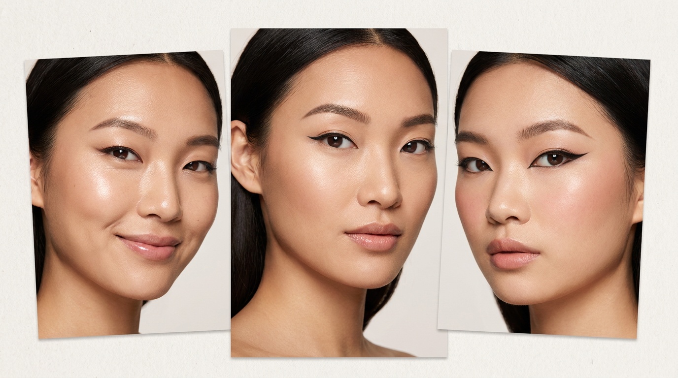 Collage of women with different eye shapes showing different winged eyeliner styles.