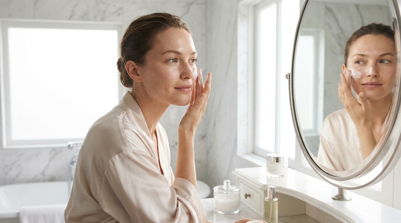 Beautiful woman with glowing skin applying moisturizer before makeup in a bright bathroom
