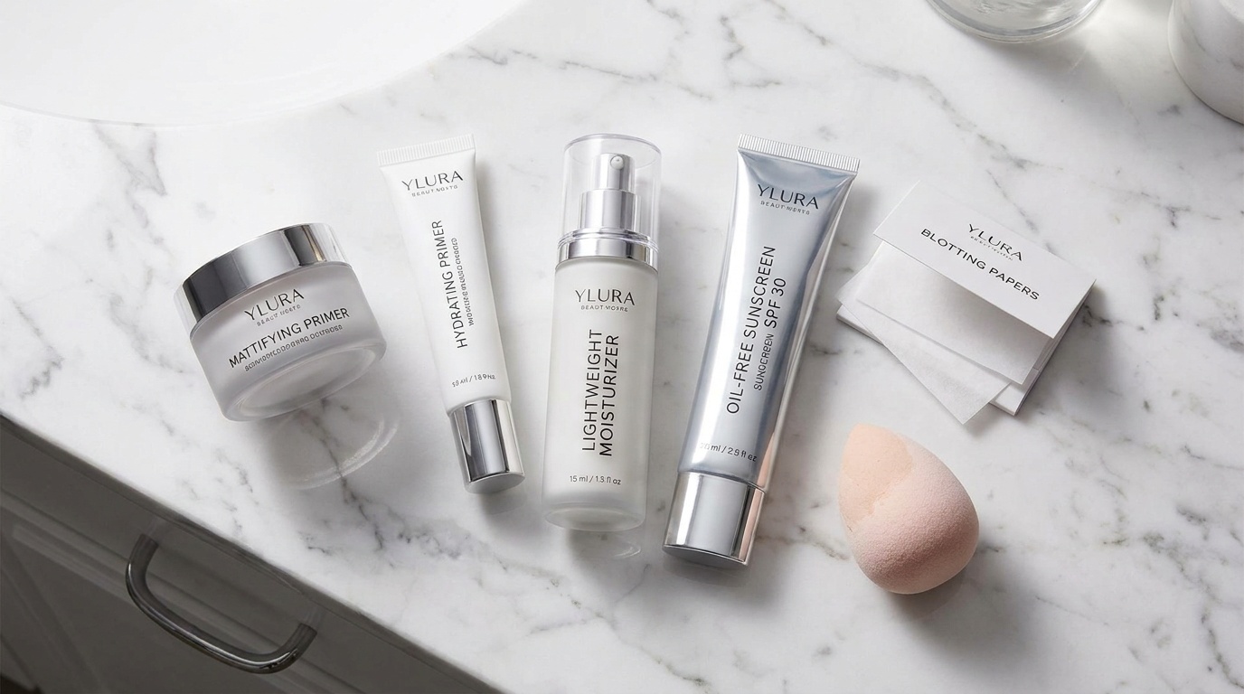 Flatlay of primer, moisturizer, sunscreen, blotting papers, and makeup tools for long-lasting makeup