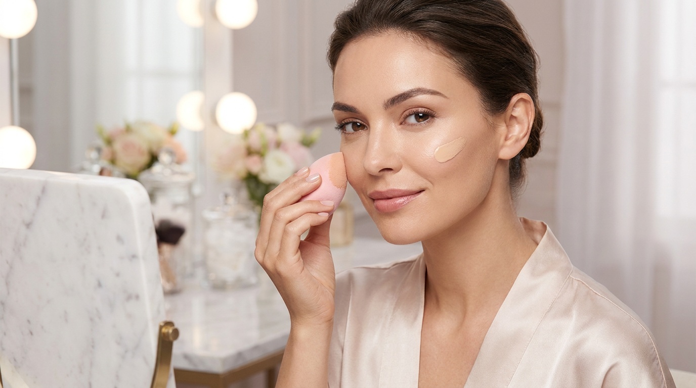 Beautiful woman applying foundation with a sponge for long-lasting makeup