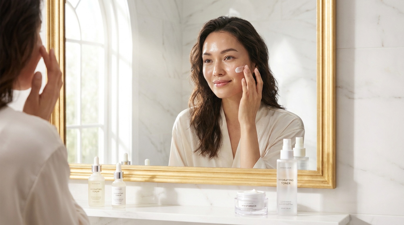 Beautiful woman with glowing skin applying moisturizer at a vanity before soft glam makeup
