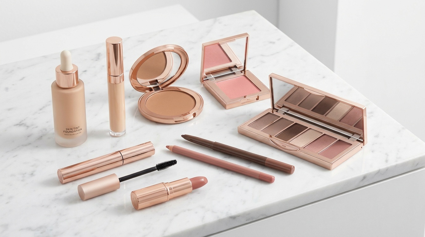 Flatlay of soft glam makeup products including foundation, neutral eyeshadow palette, bronzer, blush, and nude lip products