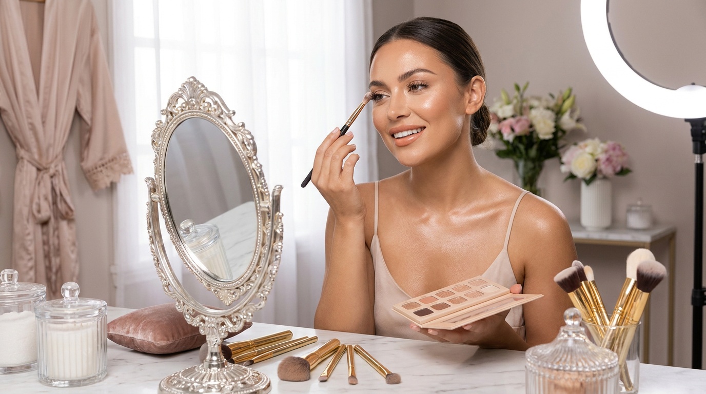 Beautiful woman applying soft glam eye makeup at a vanity mirror