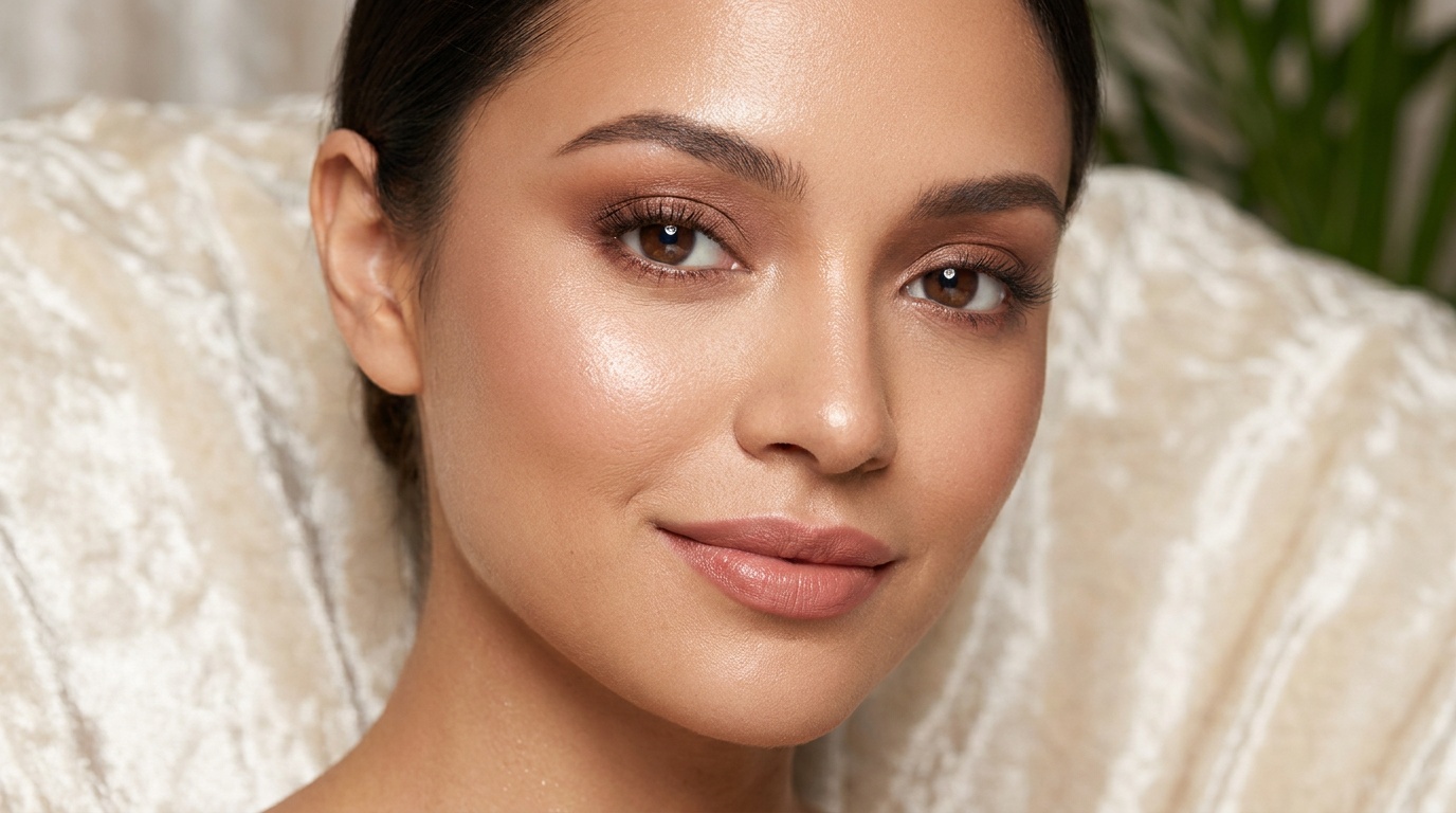 Close-up of a woman wearing finished soft glam makeup with glowing skin and a rosy nude lip