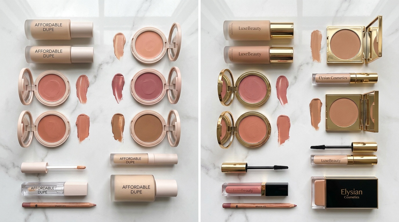 Flatlay of drugstore makeup dupes with blush, bronzer, foundation, and lip products