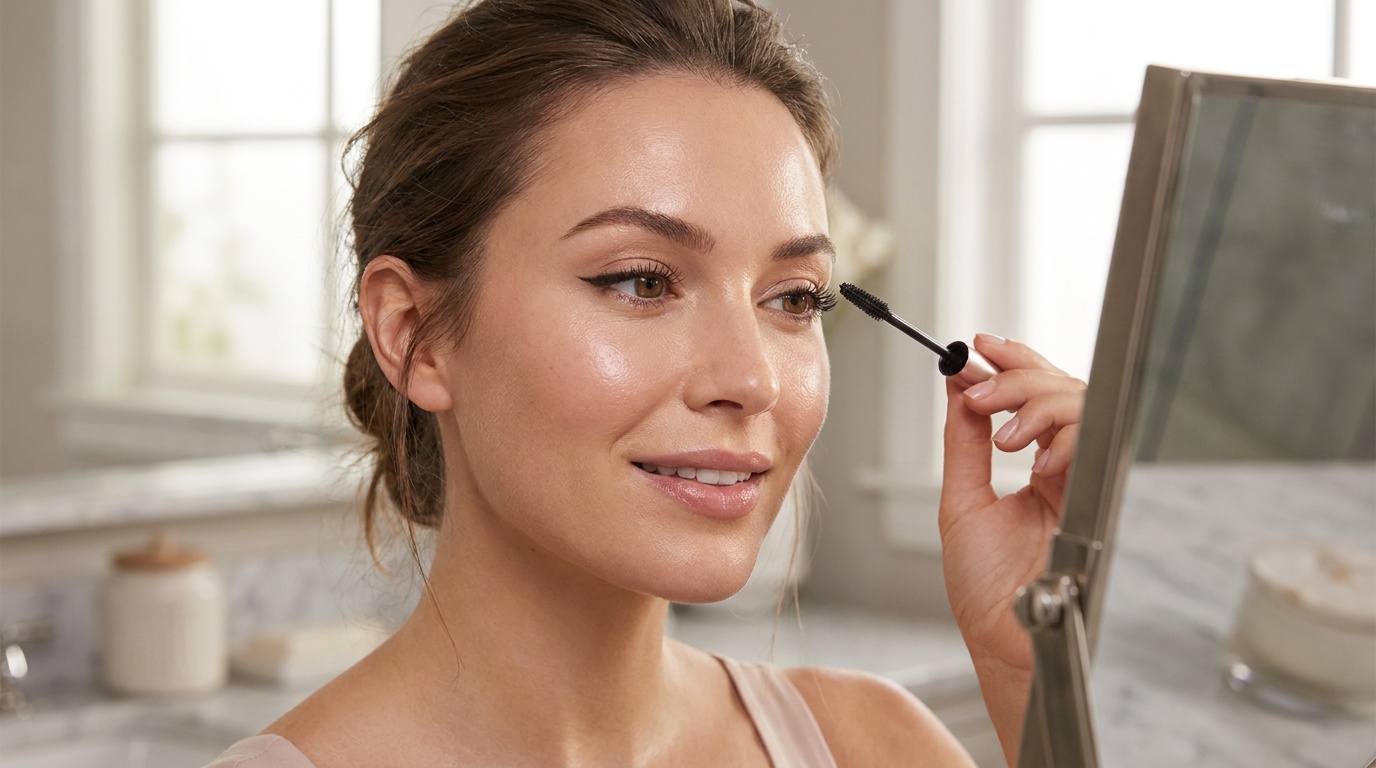Beautiful woman applying mascara in a softly lit vanity mirror