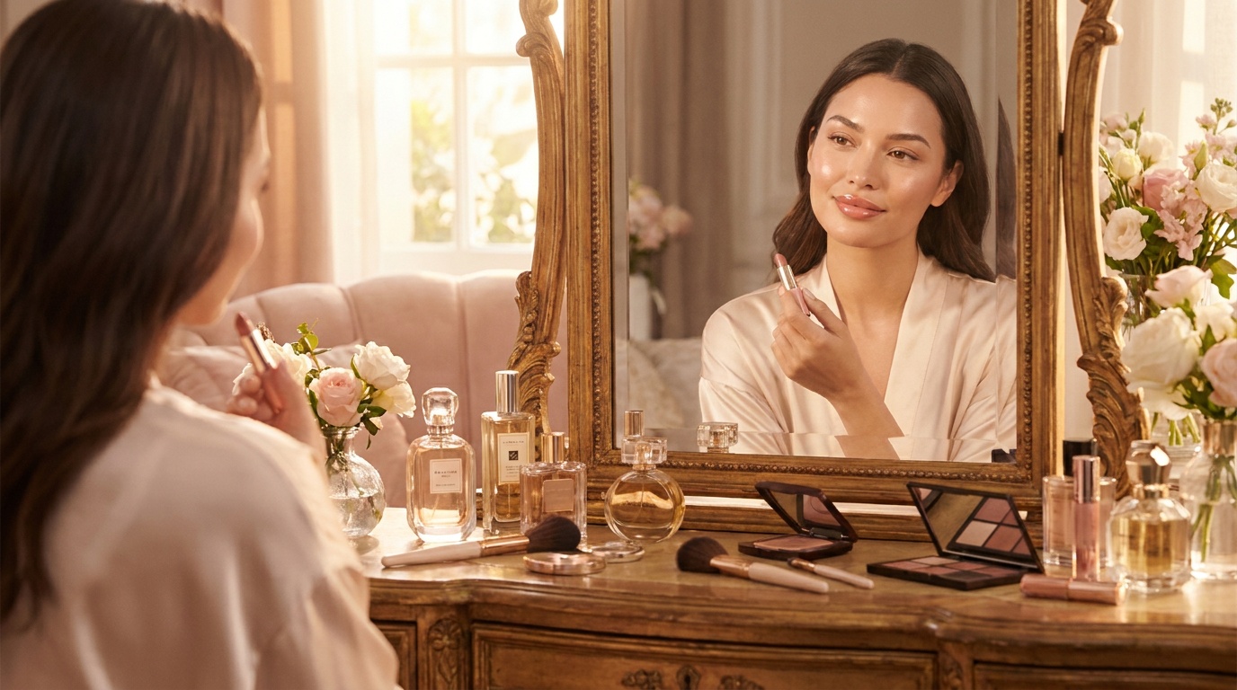 Beautiful woman with glossy lips holding lipstick at a dressing table