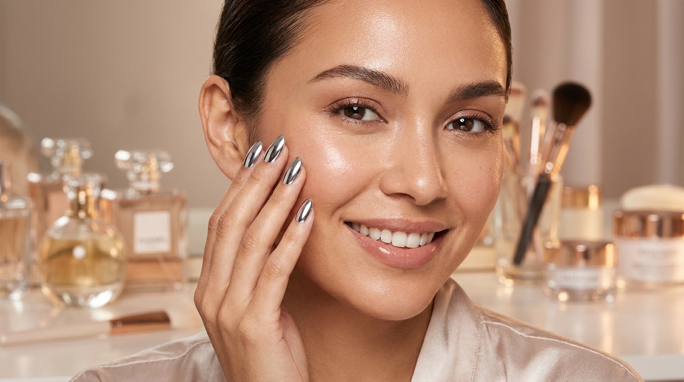 Beautiful woman with glowing skin showing silver mirror chrome nails near her face