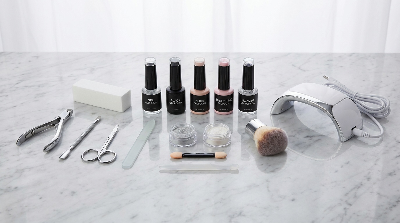 Flatlay of chrome nail products and tools needed for an at-home manicure