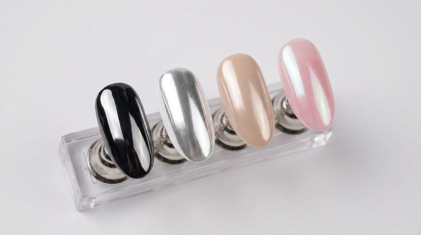 Chrome nail swatches comparing black, white, nude, and sheer pink base colors