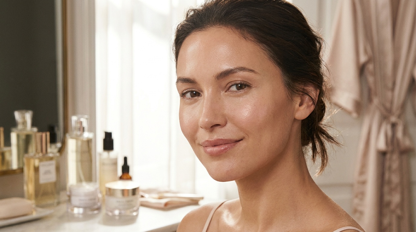 Close-up of a beautiful woman with glowing even-toned skin in soft light
