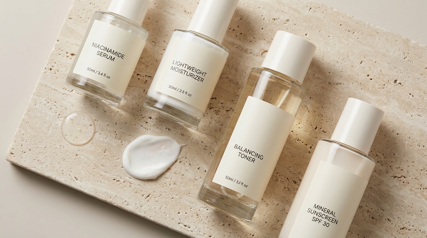 Flatlay of niacinamide skincare products with serum and cream textures