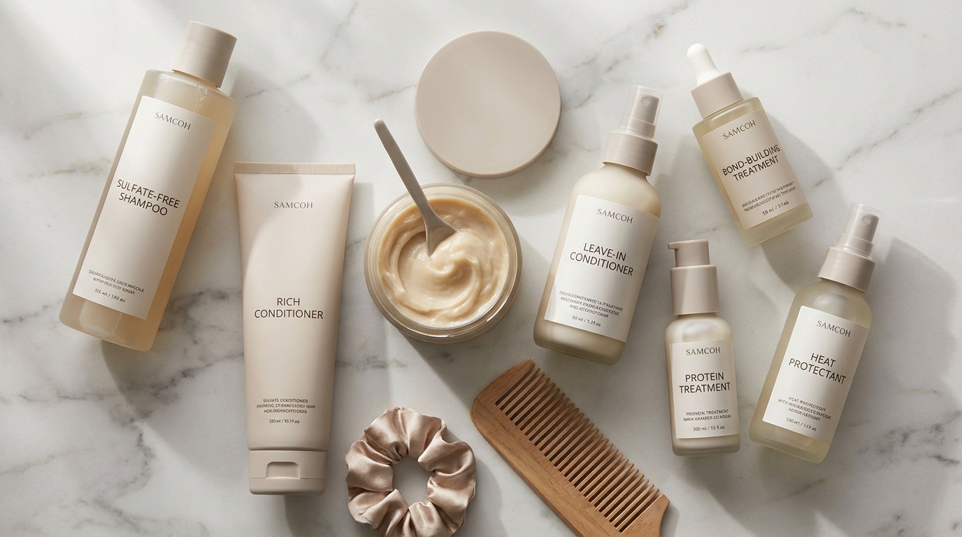 Flatlay of hair repair products including shampoo, conditioner, mask, leave-in, bond treatment, and heat protectant