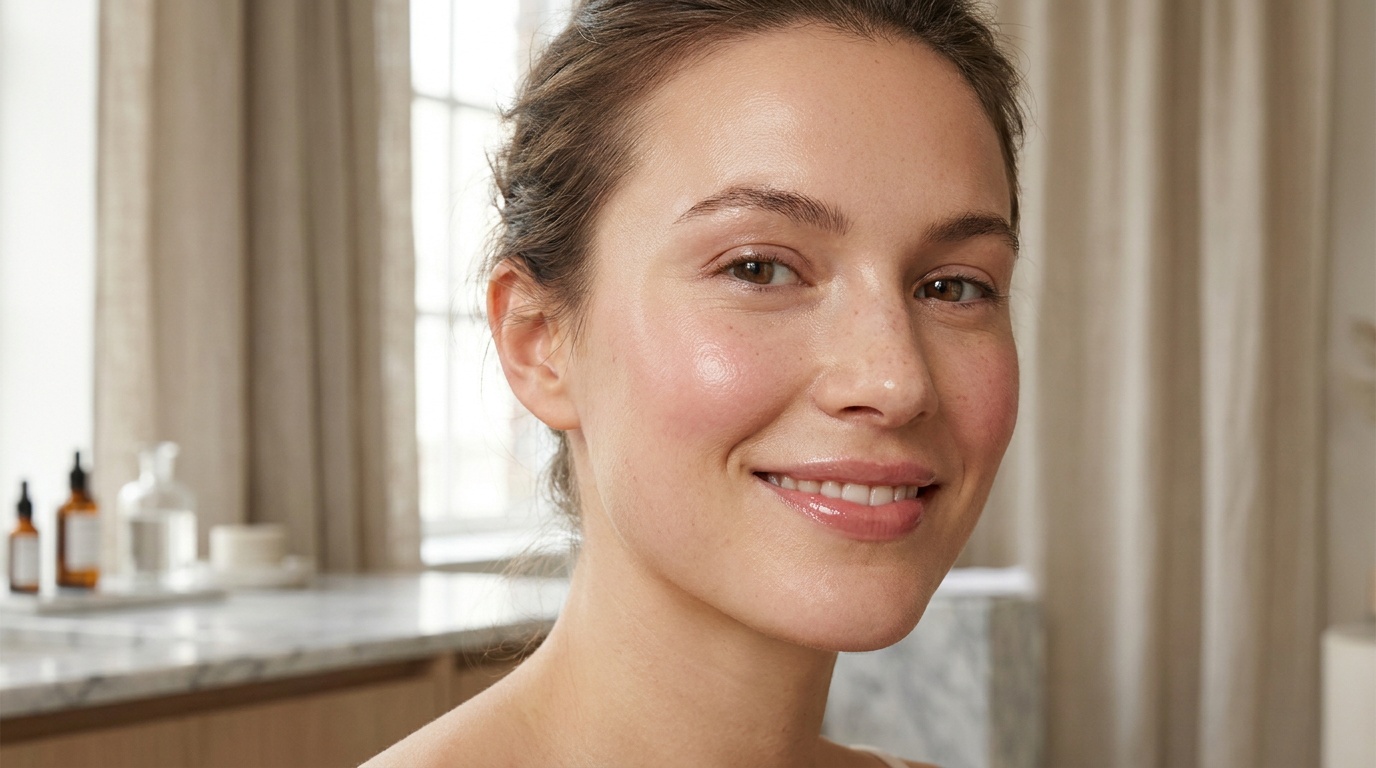 Close-up of a beautiful woman with glowing skin showing smooth facial texture and refined-looking pores