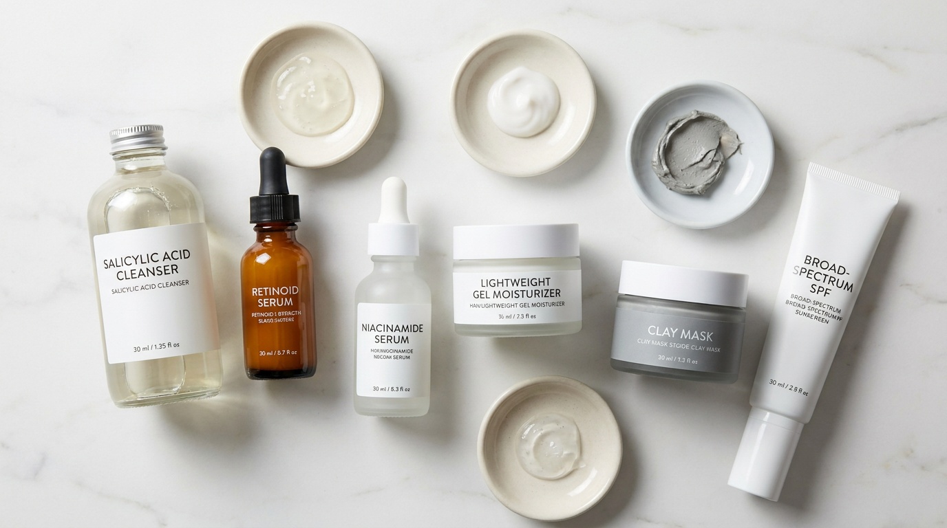 Flatlay of skincare products for minimizing the look of pores including cleanser, serums, moisturizer, clay mask, and sunscreen