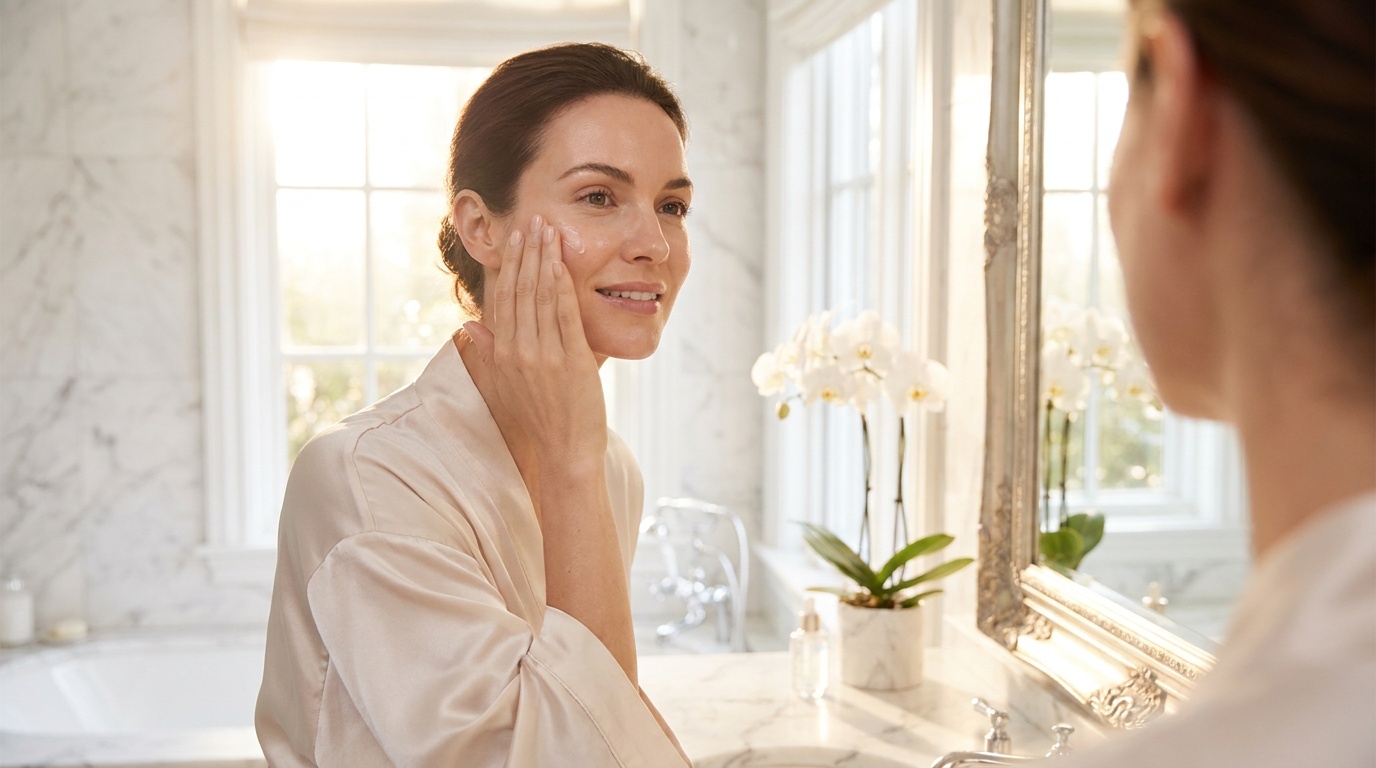 Beautiful woman applying facial serum during a daily skincare routine in a bright bathroom