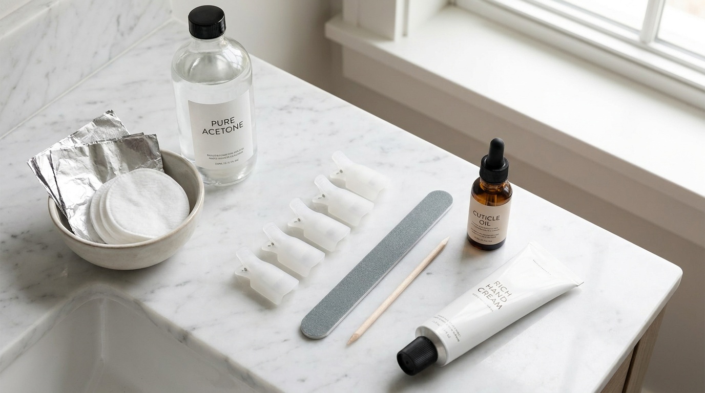 Flatlay of acetone, cotton pads, foil, nail file, cuticle stick, cuticle oil, and hand cream for safe gel nail removal
