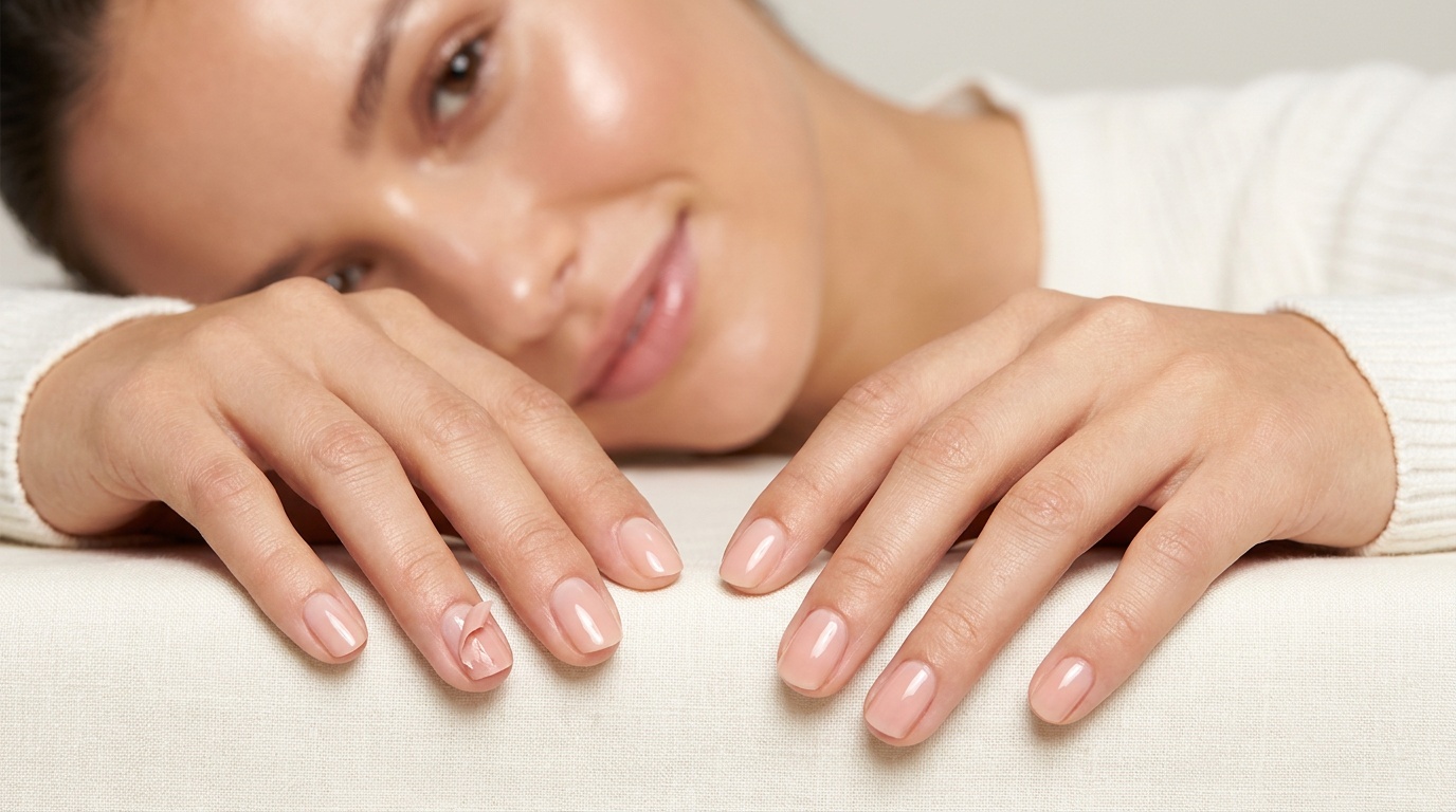 Close-up of lifted gel polish on a nail compared with healthy smooth nails