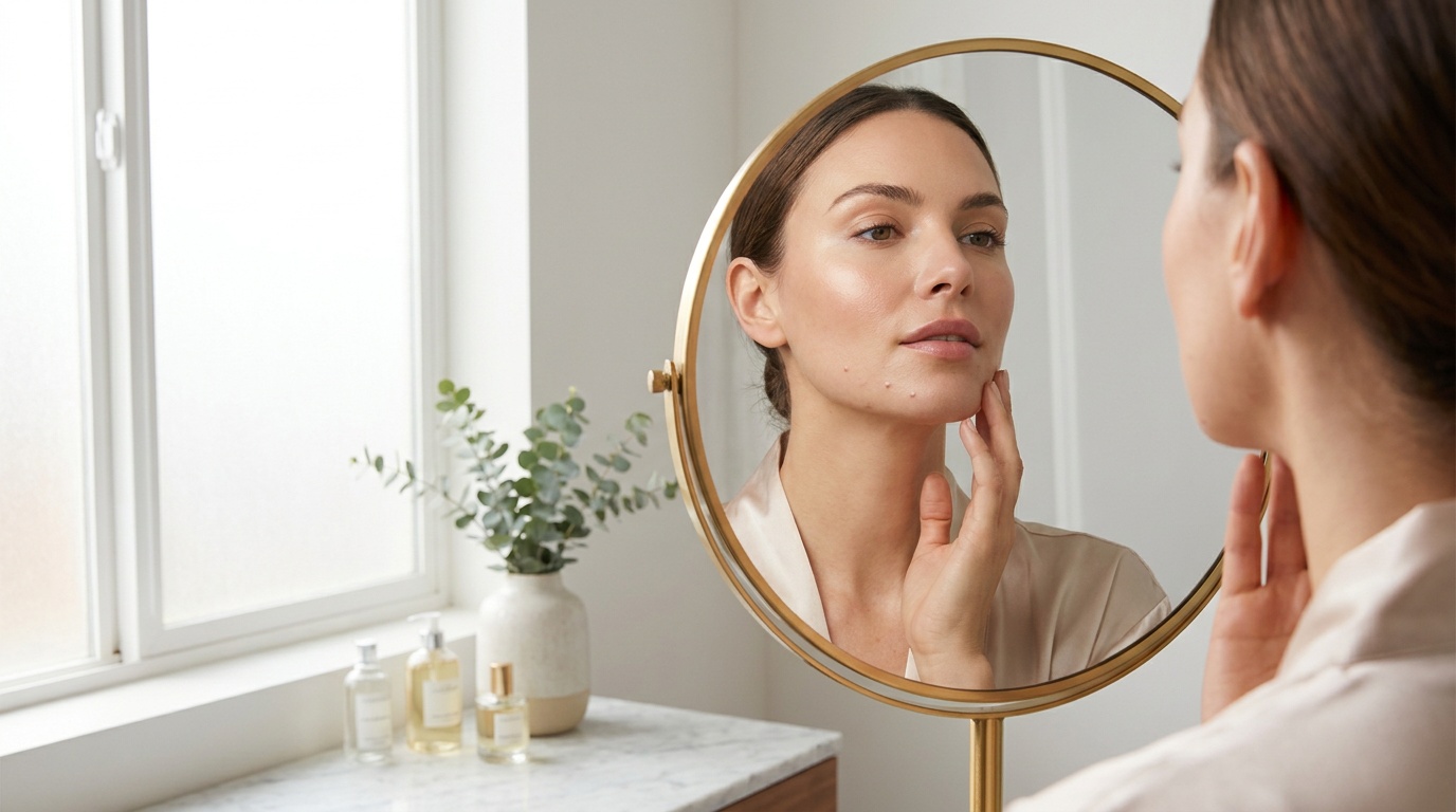 Beautiful woman checking mild jawline and chin breakouts in a bathroom mirror