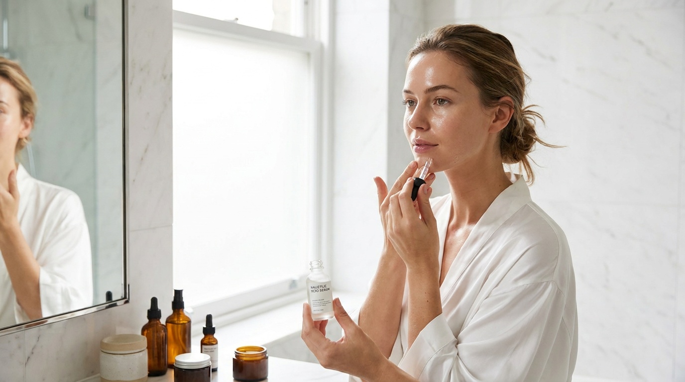 Woman applying acne treatment serum to her chin in soft bathroom light