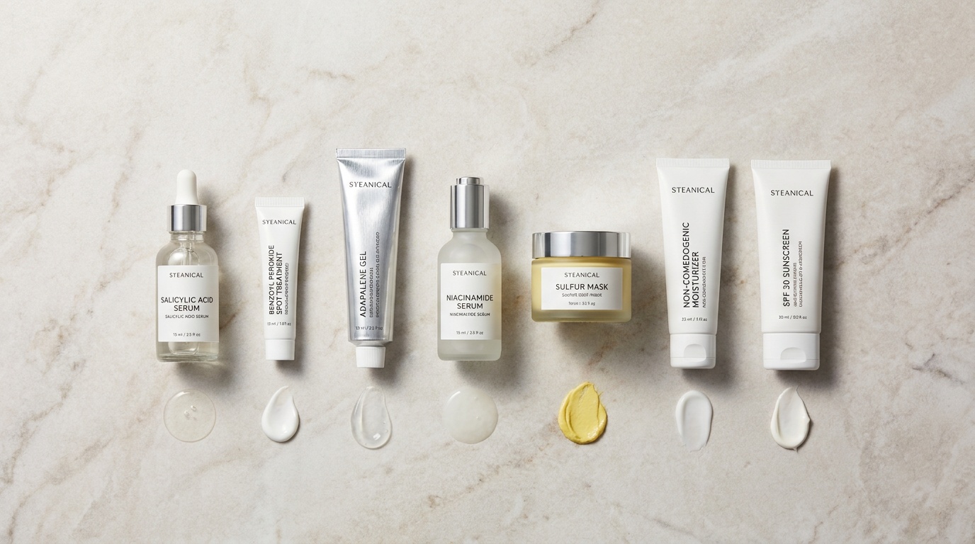 Flatlay of acne treatment products including salicylic acid, benzoyl peroxide, retinoid, moisturizer, and sunscreen