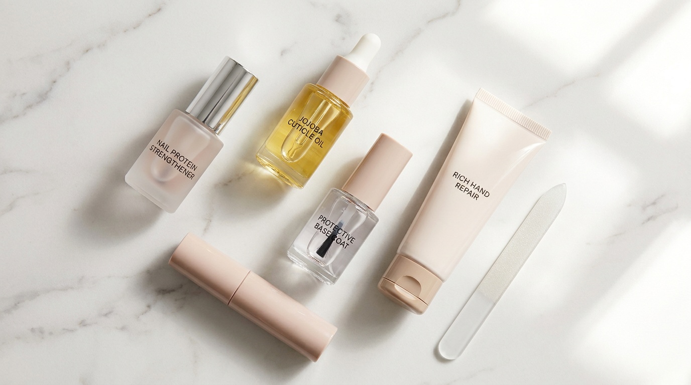Flatlay of nail strengthener, cuticle oil, base coat, and hand cream on a marble vanity