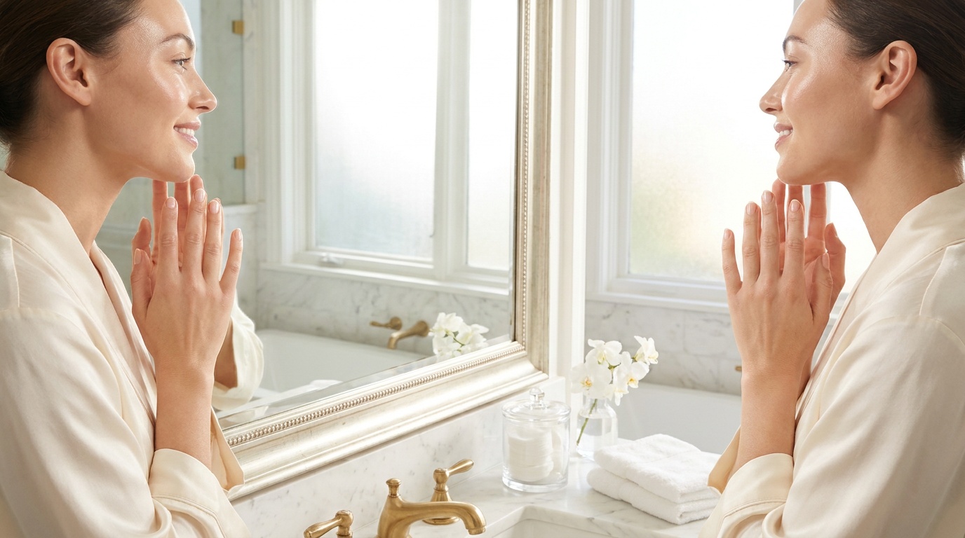 Woman admiring her healthy nails in a mirror in a bright bathroom