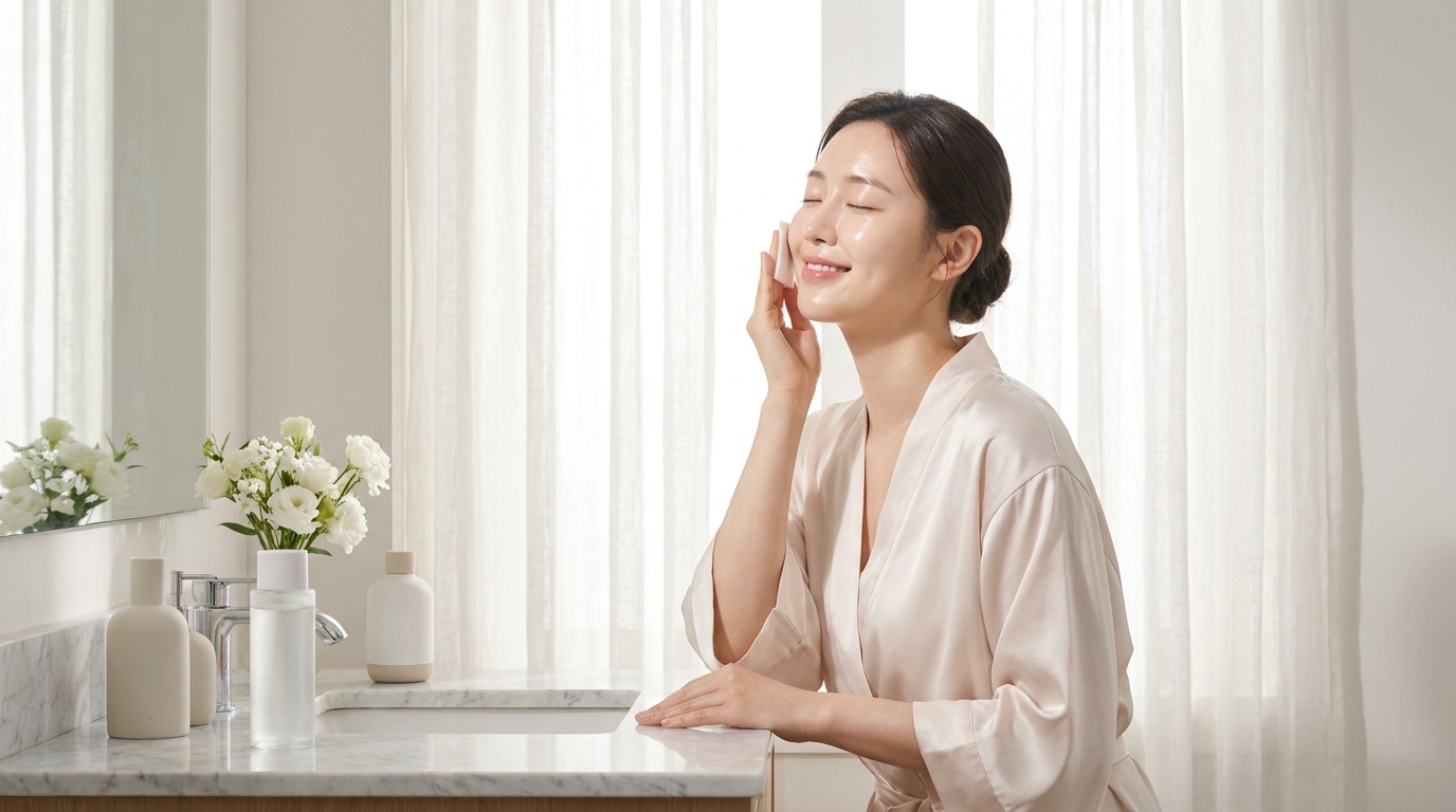 Beautiful woman with glowing skin applying hydrating essence at a vanity